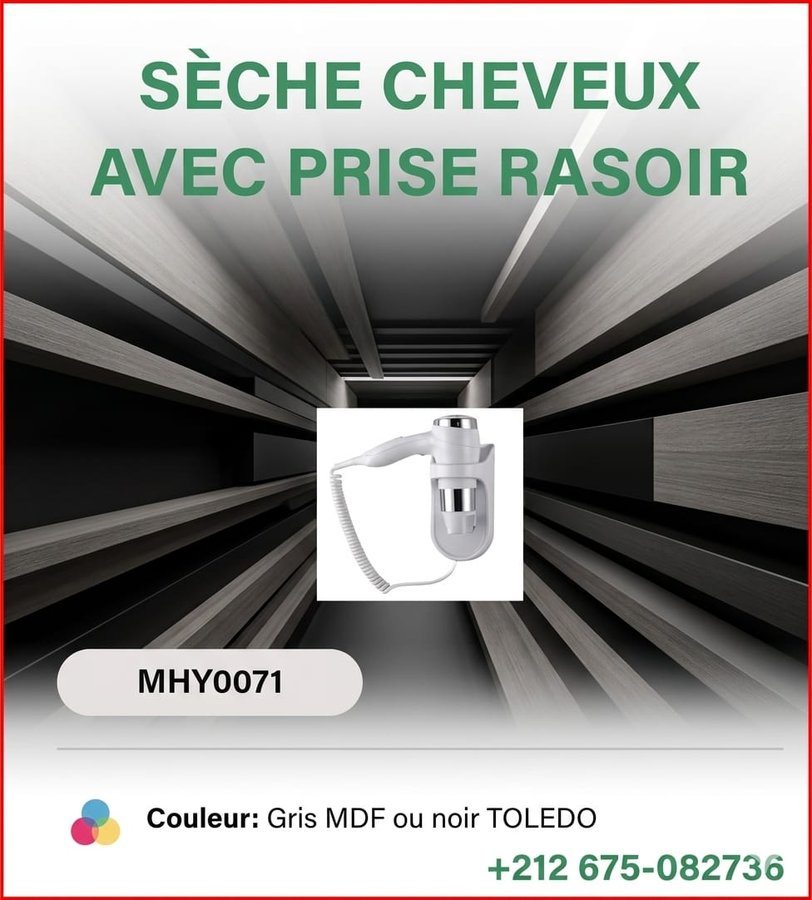 Sèche-cheveux avec prise rasoir – gris MDF ou noir Toledo (réf MHY0071)